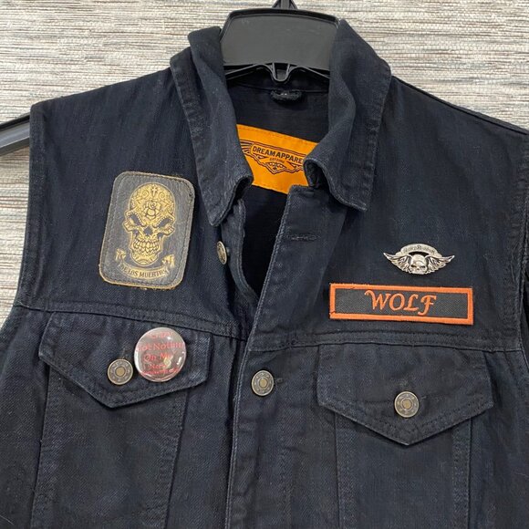 Dream Apparel Black Denim Biker Vest W/ Patches & Buttons Laced Sides Size L - Picture 7 of 16